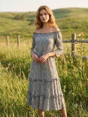 |EUC| ANTHROPOLOGIE Kira Tier Off Shoulder Peasant Boho Floral 3/4 Sleeve Dress